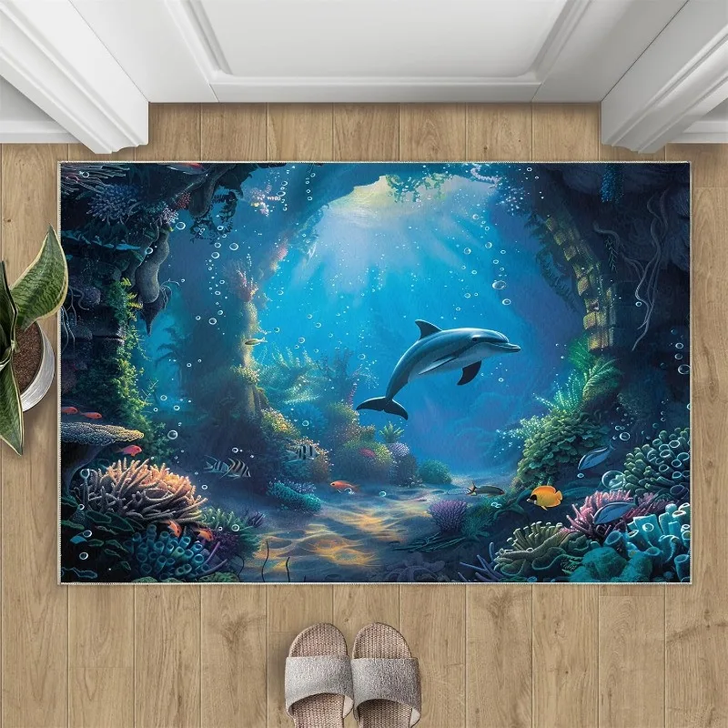 Alfombra de Entrada con Ilusión Óptica 3D, Diseño de Delfín y Coral, Alfombra de Bienvenida Suave Antideslizante para Decoración del Hogar, Alfombra para Sala de Estar y Dormitorio