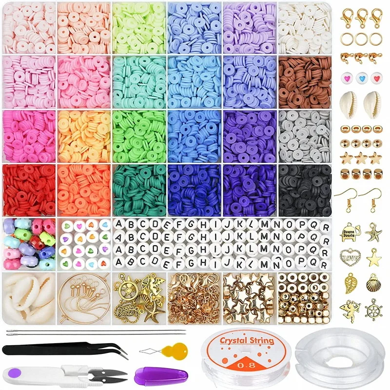 QXTC-Juego de cuentas de arcilla polimérica, 24 colores del Arcoíris, cuentas de Chip plano para pulsera Boho, fabricación de collares, cuentas de