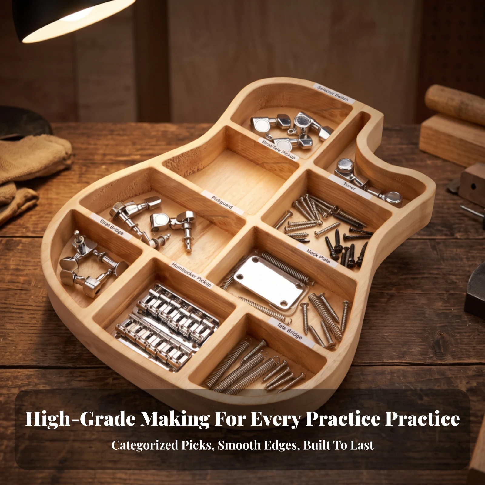 Guitar Pick Box with Compartments Compact Guitar Pick Holder Tray Wooden Storage Box with Compartments Divided for Guitarists
