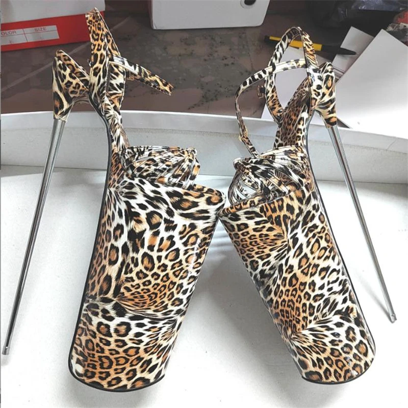 

Crossdresser Transgender Sandals Shallow Mouth Women Shoes 30cm Ultra Thin High-Heeled Steel Pipe Dance Pumps Leopard Stilettos