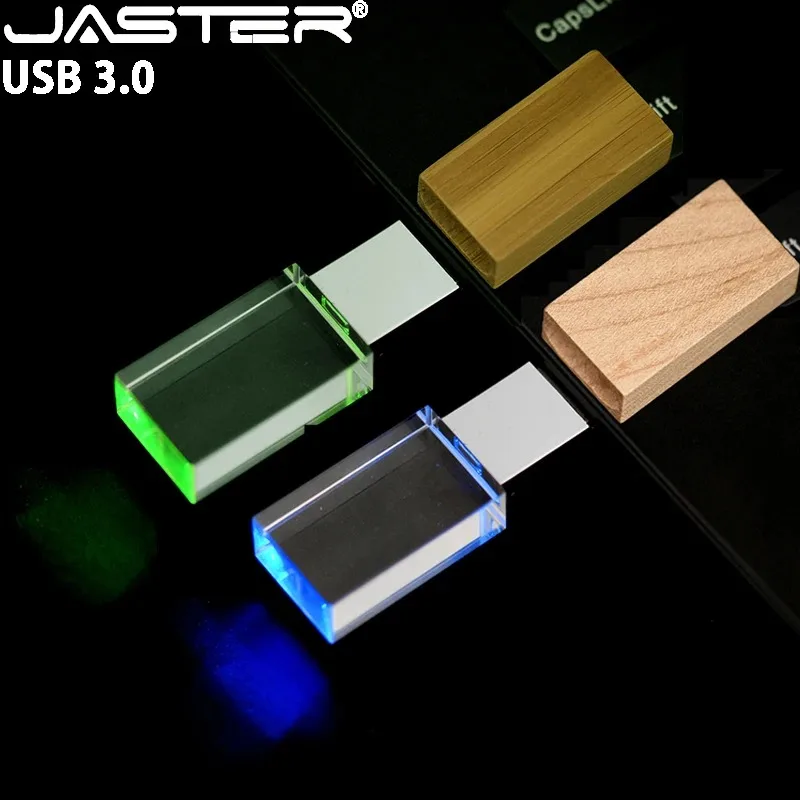 

JASTER деревянная крышка USB 3.0 флэш - накопитель 128 ГБ Высокоскоростная цветная светодиодная хрустальная память 64 ГБ Бизнес Подарочная ручка 32 ГБ 16 ГБ