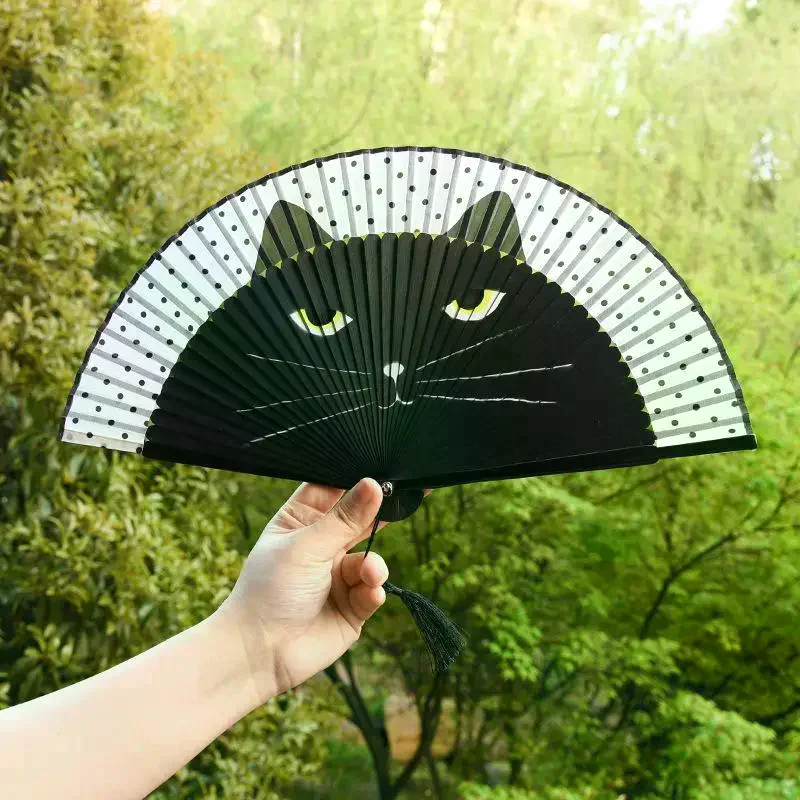 Exiquisite Cat Patterns Summer Gift Cartoon Bamboo Wooden Folding Fan Fan Crafts Silk Fan Home Decoration