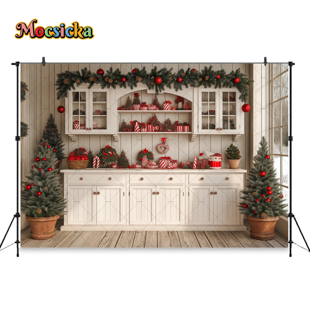 Christmas Kitchen Background Photography White Wooden Cabinet Window Xmas Tree Wreath Backdrop Kids Family Portrait Photobooth