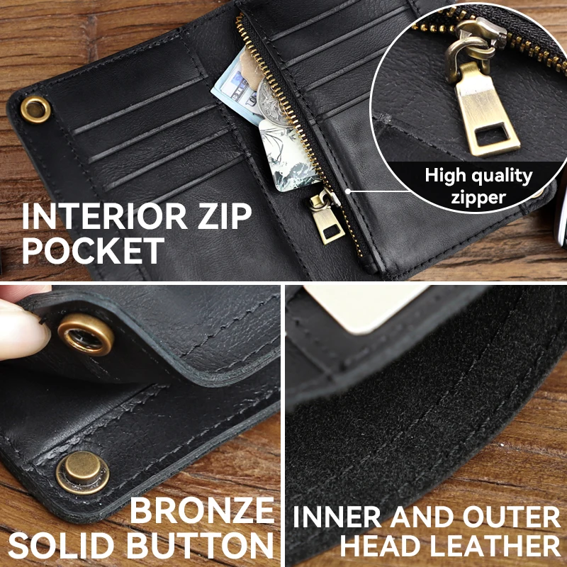 Vintage Genuine Leather Women's Wallet Handmade Cowhide Credit Card Slot Short Wallet For Men Portable Coin Purse With Zipper