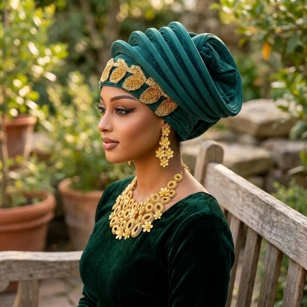 Chic Shiny African Gele Headwrap Polyester Leaf Yoruba Turban Hat Multiple Color Options Pre-tied Traditional Headpiece Festival