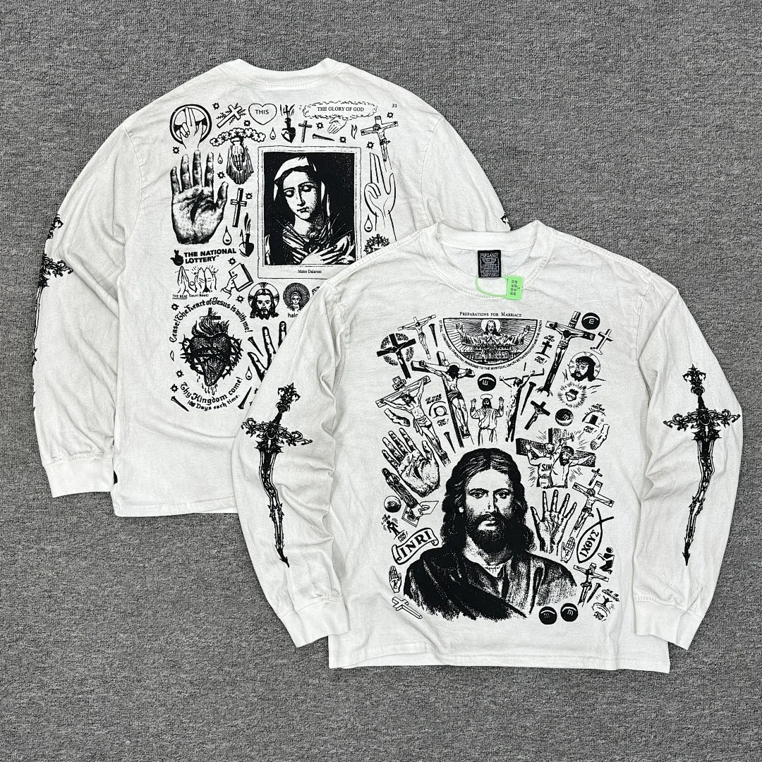 Saint Jesus on the Cross L/S 25AW Women Men Printed T Shirt Washed Dirty Sprayed Wasteland Style Men Distressed T shirt