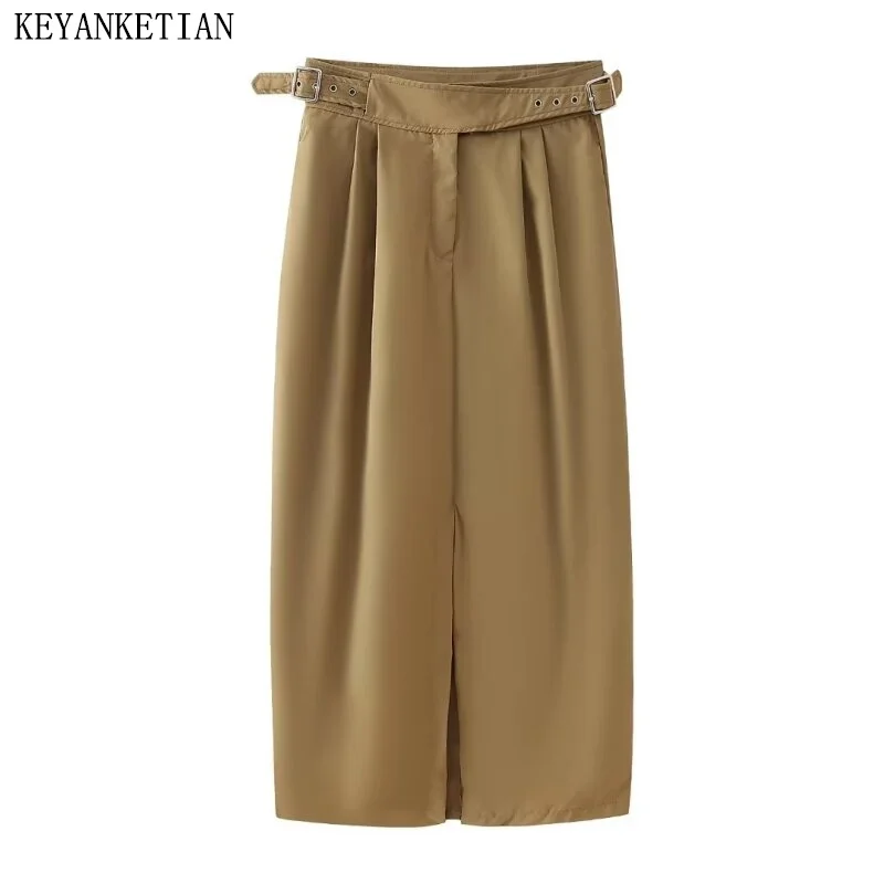 

KEYANKETIAN 2024 New Launch Women's Buckle Belt Decoration MIDI Skirt Office Lady Zipper High waist Front Slit Straight Skirt