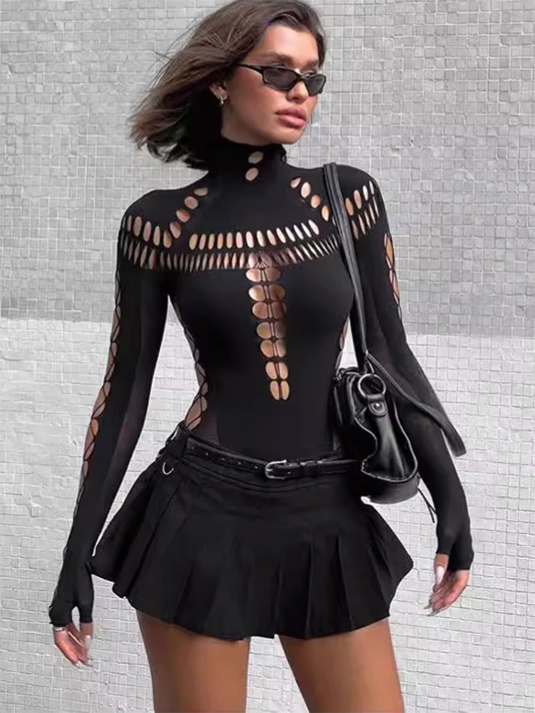 FHSEER レディース セクシー ボディスーツ Y2K ハイネック ボディコン 円形カットアウト 前面レースアップ メッシュスリーブ ストレッチ素材 エッジィ クラブウェア・ストリートウェア
