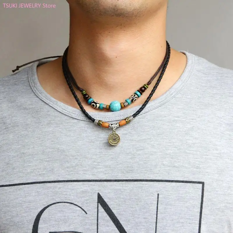 Vintage-Halskette mit Münzanhänger, schlicht, Boho-Stil, mehrlagig, türkisfarbene Perlenkette, Schmuck, Urlaub für Frauen, Ehefrau, Damen und Mädchen – Detail 2