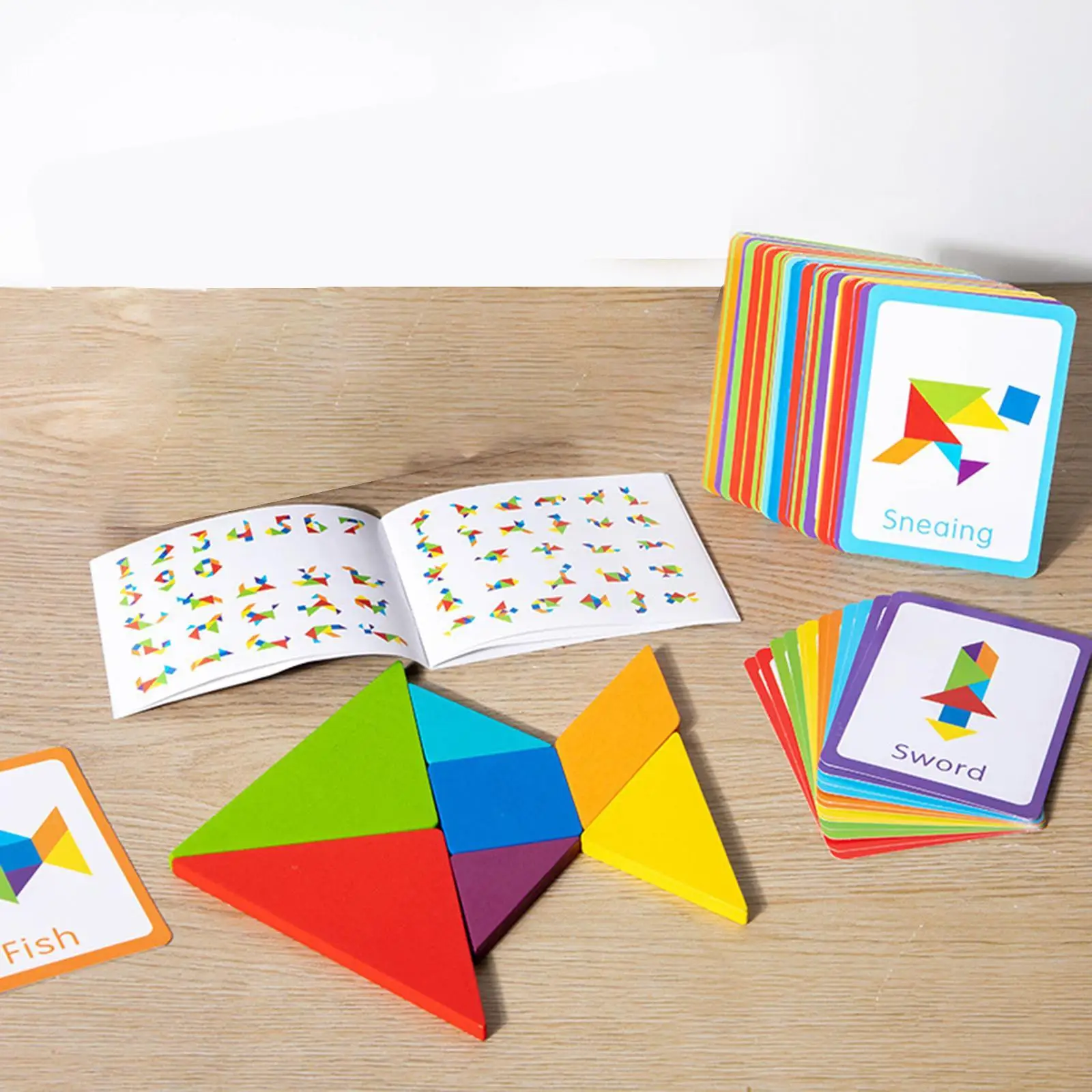 Houten Tangram Legpuzzels voor Kinderen Geschenken met Kaarten 3D IQ Spel Kleuterschool Kinderen Puzzel Blok Familie Bordspellen