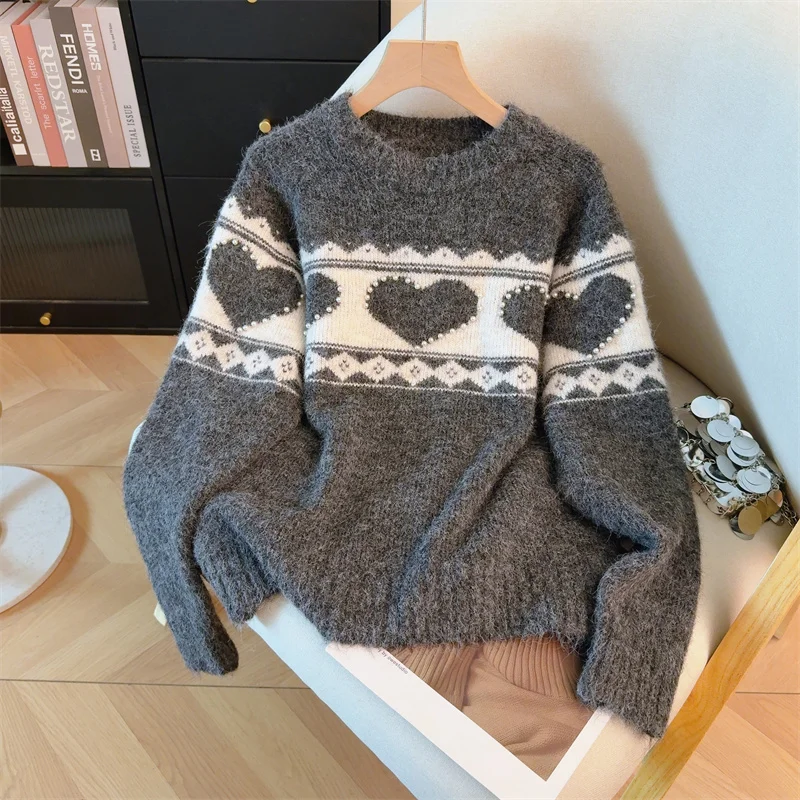 Red Christmas New Year Round Neck Sweater Woman With Love Beading Autumn Winter Soft Thicken Knitted Top Clothes