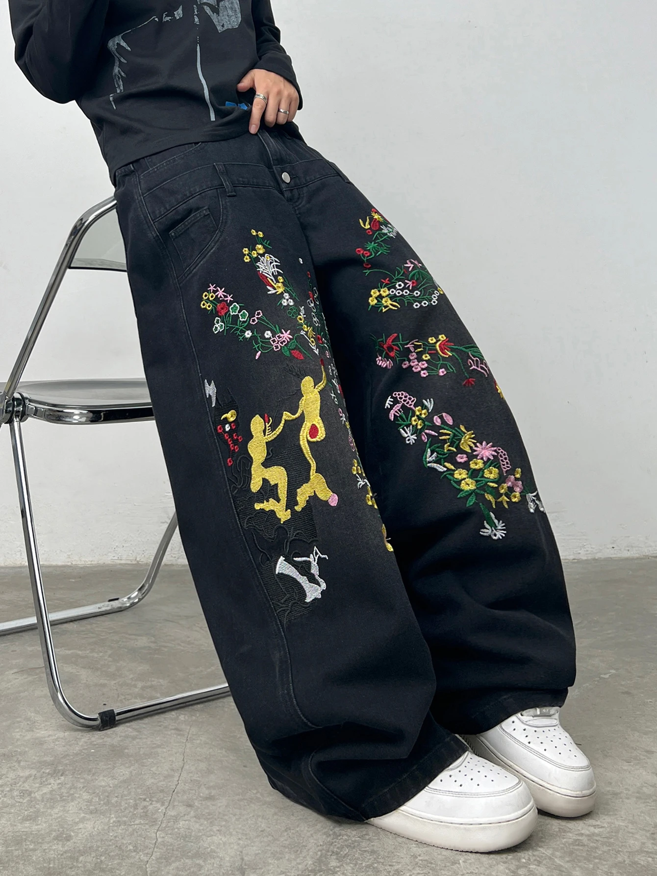 American Double-Waist Small Figure Floral Black Baggy Designer Jeans Man High Quality Y2K Retro Street Hip-Hop Fashion Pants