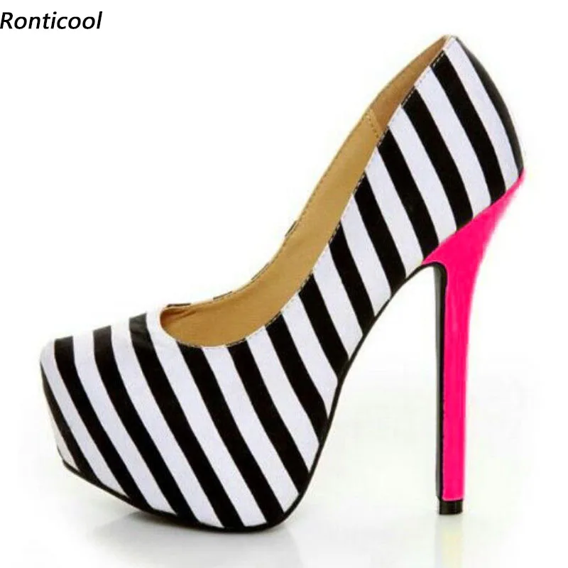 Ronticool New Fashion Women Platform Pumps Sexy Stripped Stiletto Heels Round Toe Elegant Black Party Shoes US Plus Size 5-20