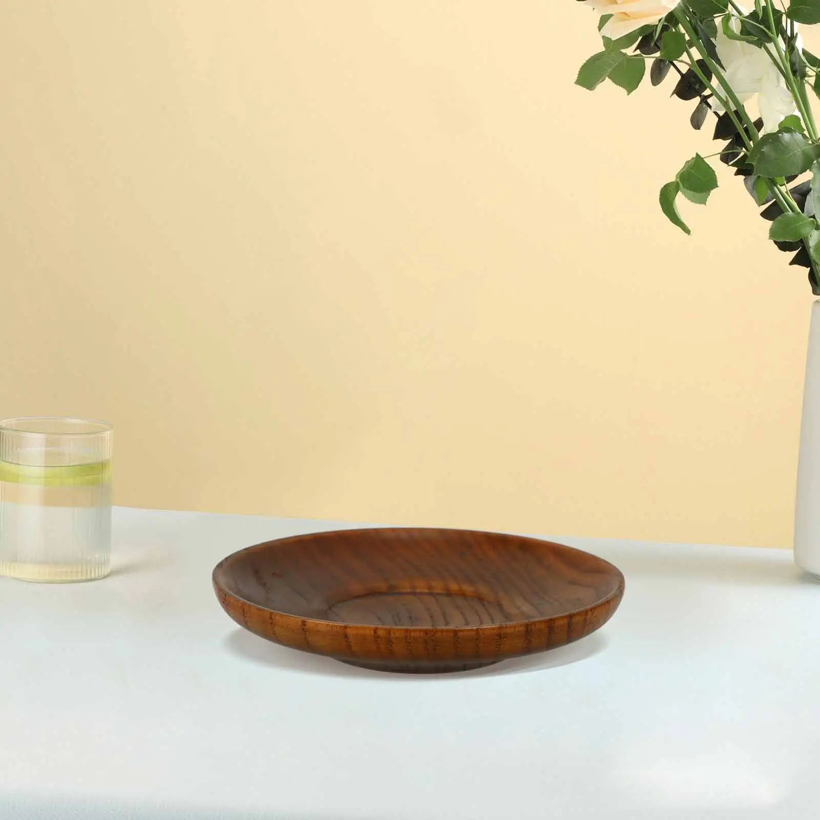 Plato de madera redondo para salsas y condimentos, ideal para salsa de tomate, salsa de soja, vinagre, aceite, postres, frutas, frutos secos y aperitivos en el hogar.