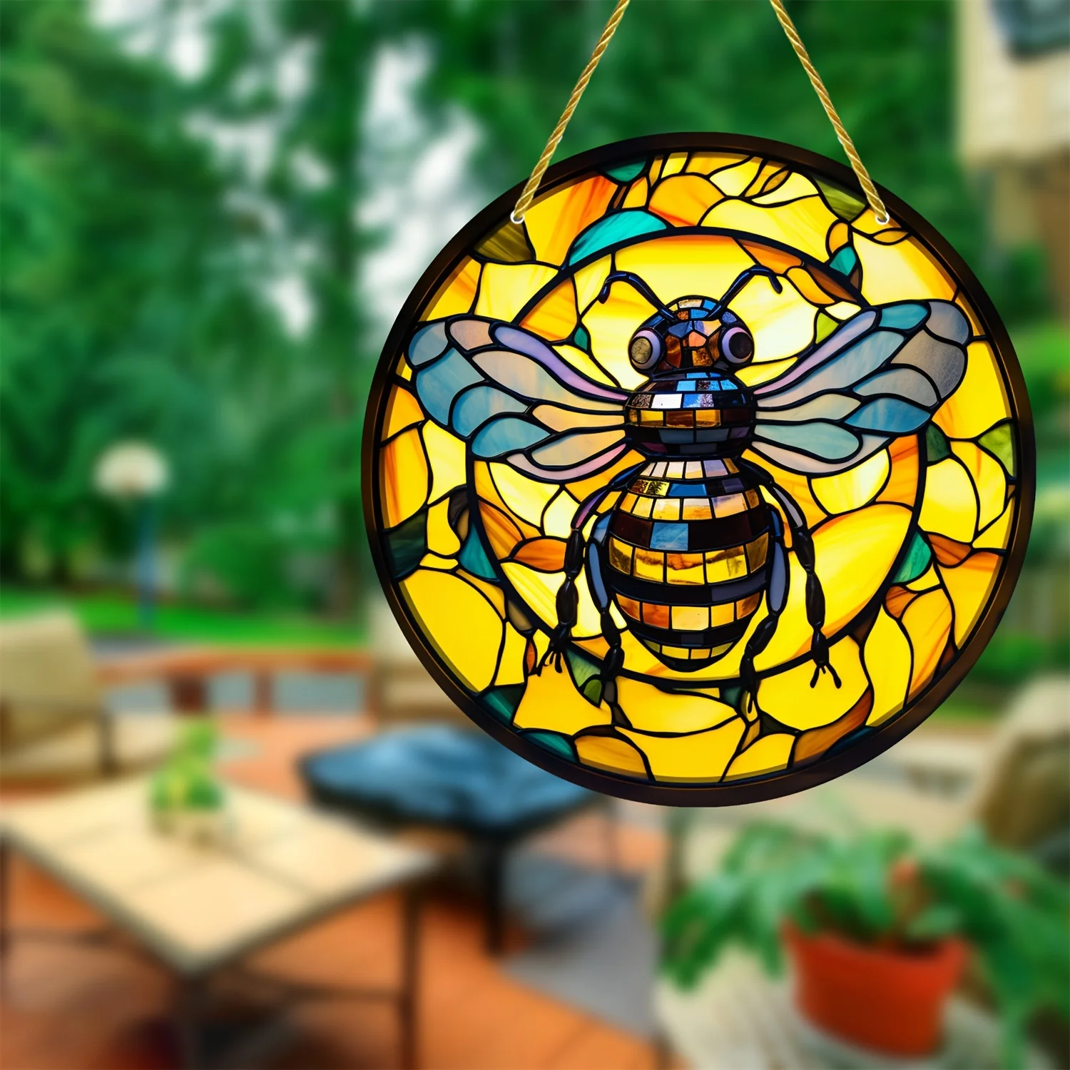 Unique Bee Stain Art Window Decor, Sun Catcher, Family, Lover, Friends, Acrylic Round Wreath Sign, Yard, House, Room, Home