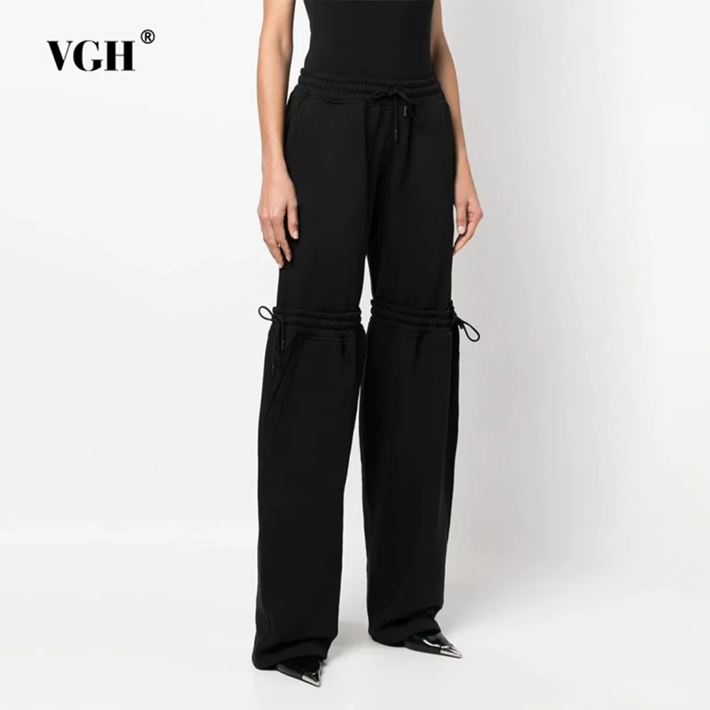 VGH Solid Patchwork Drawstring Casual Floor Length Trousers For Women High Waist Solid Loose Wide Leg Pants Female Fashion New