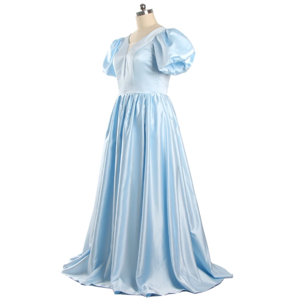 Vestidos de noite cetim brilhante céu azul simples mangas curtas puff rendas até plissado a linha andar comprimento mais tamanho vestido de festa b1918