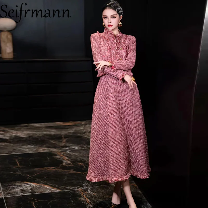 Seifrmann 2026 Spring Women's New Fashion Round Neck Long Sleeve Single breasted Tassel Coat+Tank Top Dress Two Piece Set