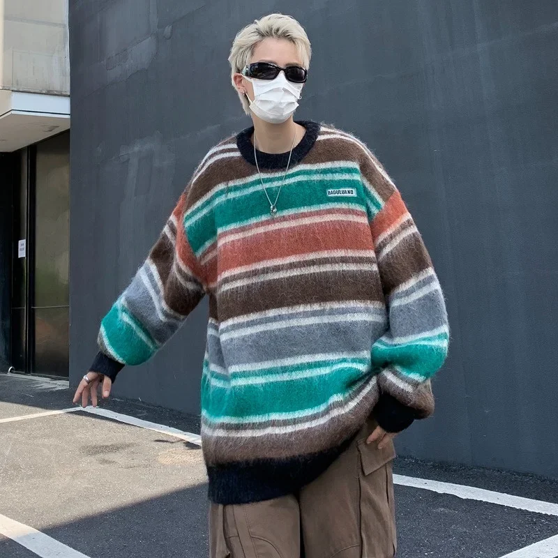 

Autumn Appliques Baggy Knitted Pullovers Men Y2K Vintage Christmas Striped Sweaters Preppy Casual Patchwork Streetwear Jumpers