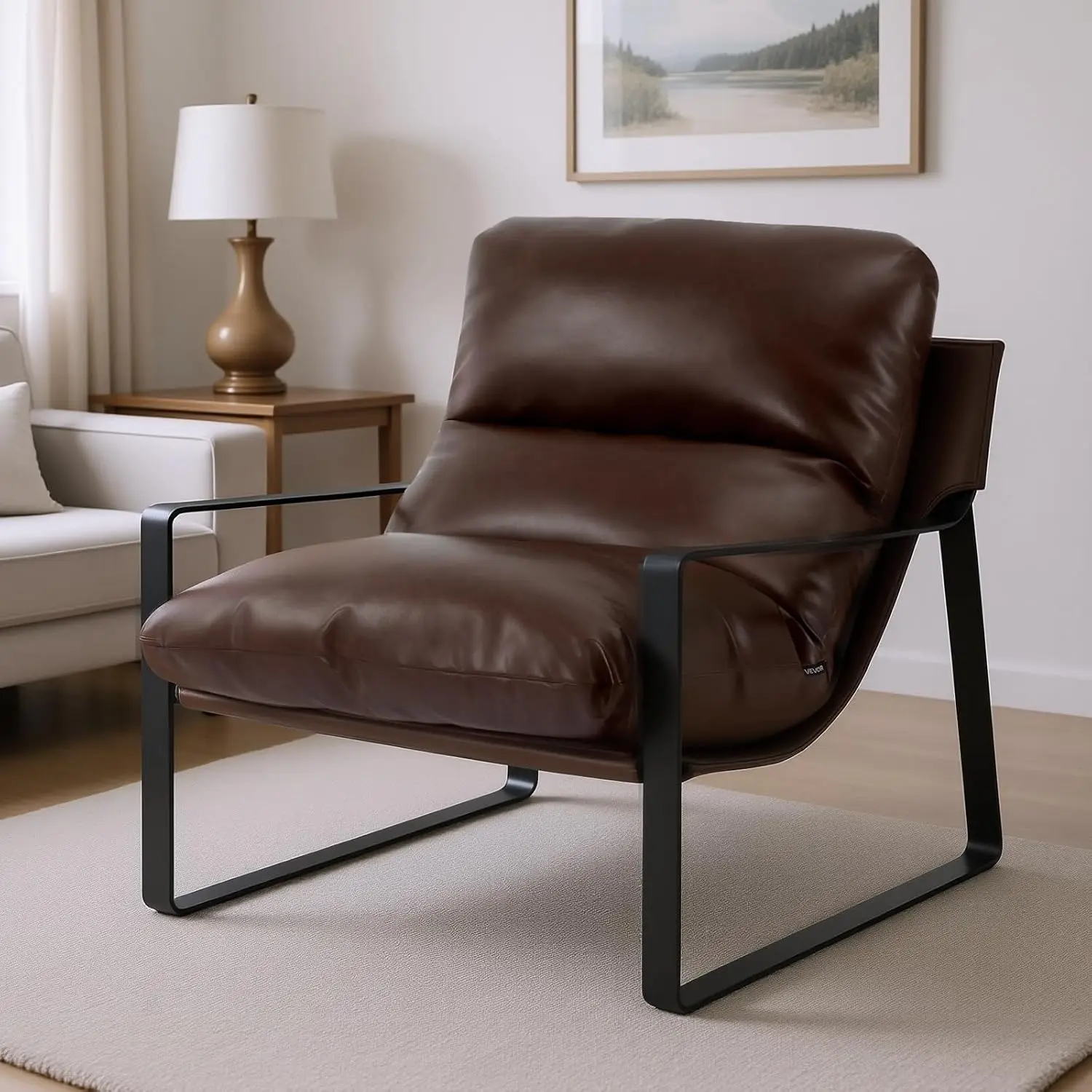 PU Leather Armchair, Upholstered Chair with Foam Cushion, Metal Frame & Detachable Cushion, for Living Room Office, Customized