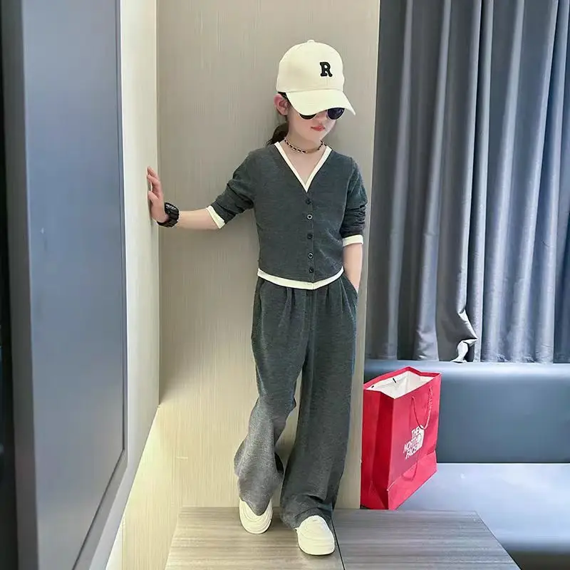 2026 autumn  kids Girls Clothes Suit Child sweatshirt SLIM crop top V-NECK + wide leg LOOSE pant Tracksuit 4 8 10 11 12 14 year