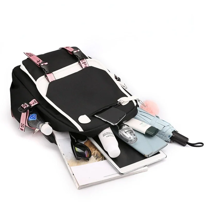 Large School Bags for Teenage Girls USB Port Canvas Schoolbag Student Book Bag Fashion Black Pink Teen School Backpack