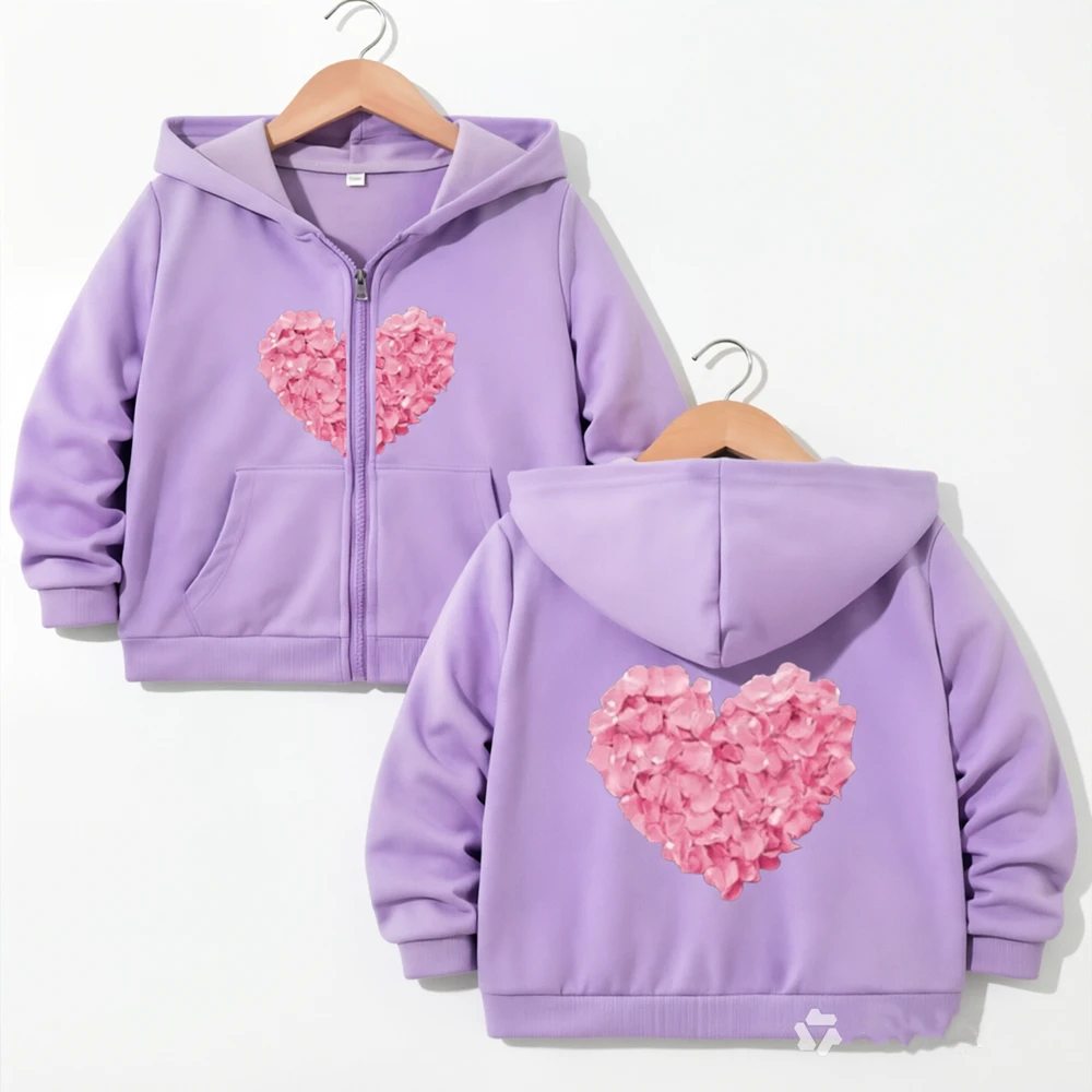 Children Zip Black Pink Girl Hoodie Tops Casual Sweatshirt Kids Autumn Trendy Outerwear  Heart-shaped flower Print Clothing