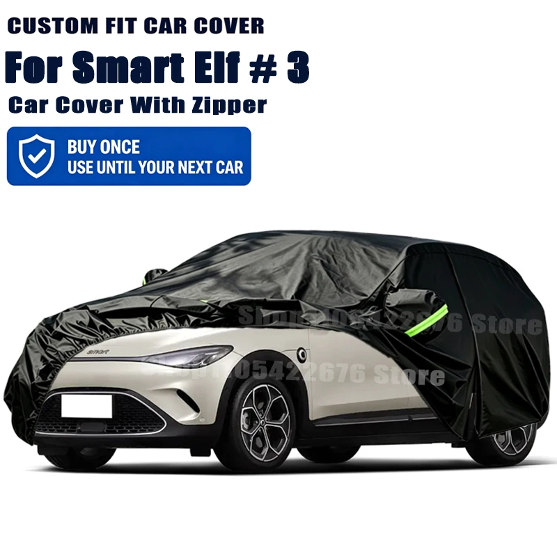 For Smart Elf # 3 Car Cover With Door Zipper Waterproof Snow Rain Sunshade Anti-UV Dustproof Outdoor Protector