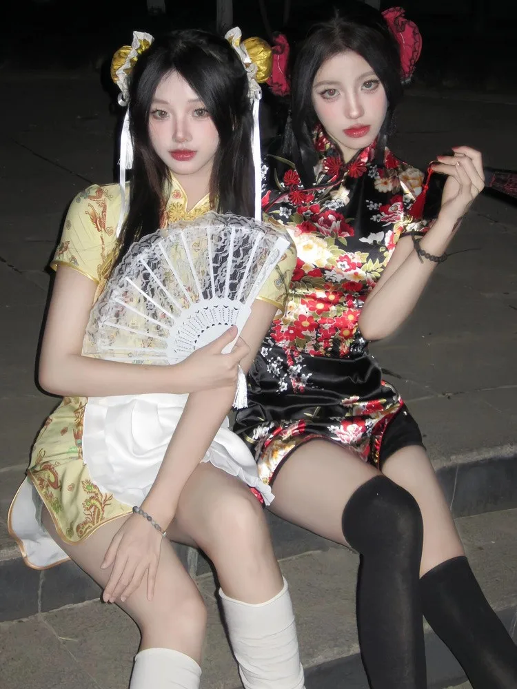 فستان تشيونغسام جديد بالطراز الصيني لحفلات الكريسماس وحفلات التنكر، طقم خادمة لوليتا، ملابس حفلات أنيقة بأكمام قصيرة وياقة مس...