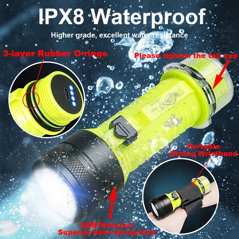IPX8 Waterproof Diving Flashlight Underwater Rechargeable XHP90 LED Flashlight Long Range Underwater Lantern Diving Torch 18650