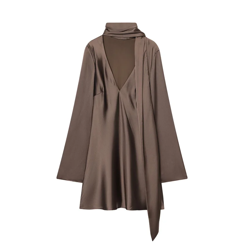 Vestido feminino 2025 outono novo estilo cor sólida manga longa cetim textura mini vestido com cachecol decoração elegante e moda