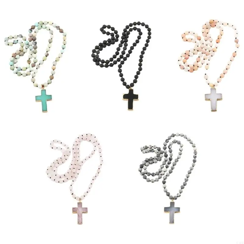 

C1FE Knotted Gemstones Necklace with Crucifix Pendant Adjustable Length Neckchain