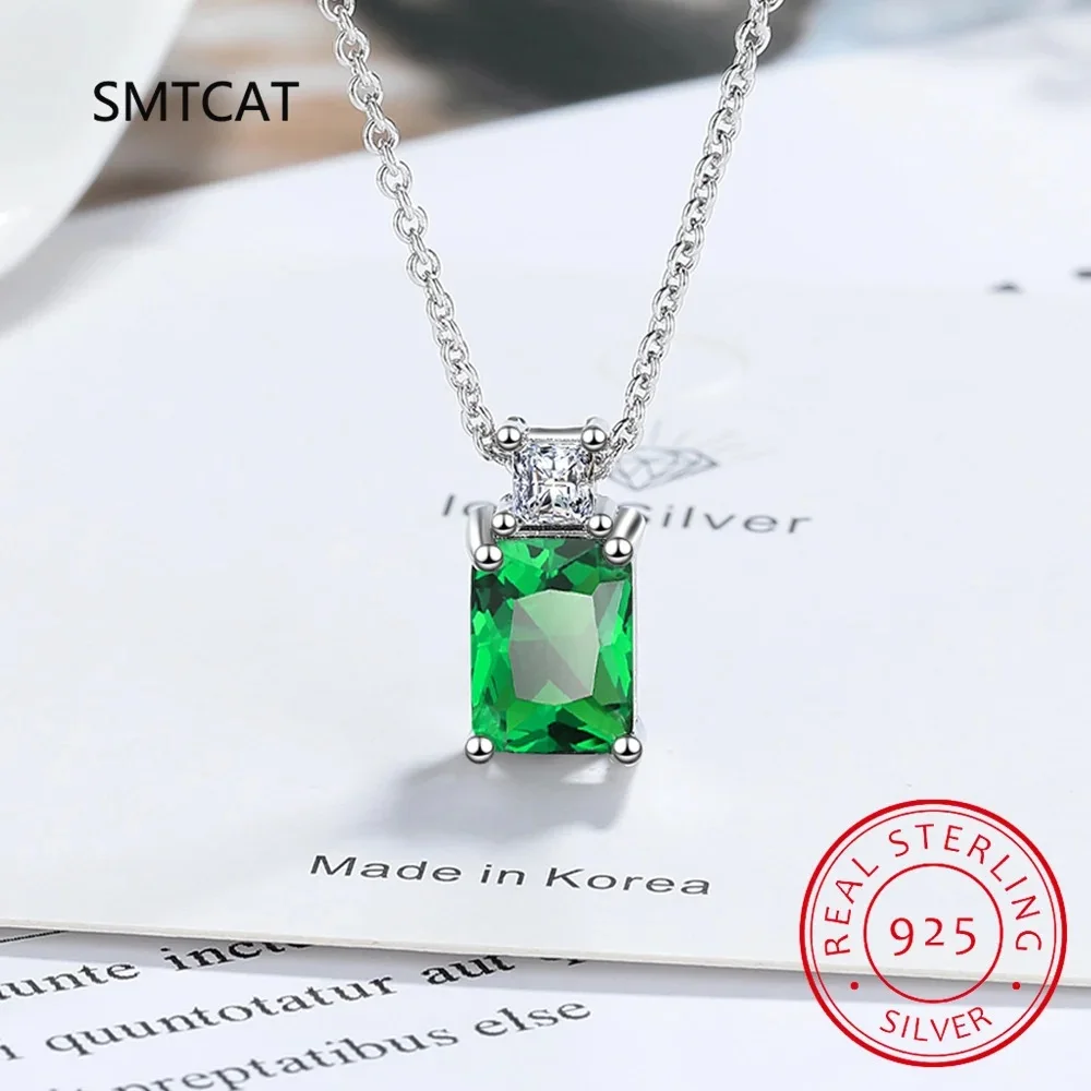 Emerald Cut Created Blue Sapphire 925 Sterling Silver Square Pendant Necklace for Women Gemstone Fine Jewelry Colar de Prata