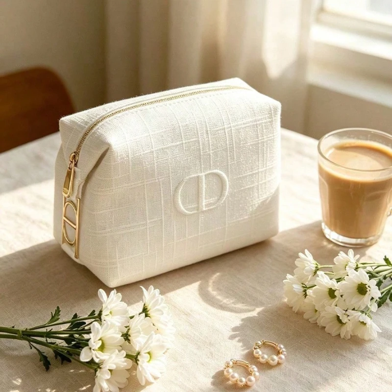 Women Bags Dior - Dior Plaid Linen Embroidered Zipper Cosmetic