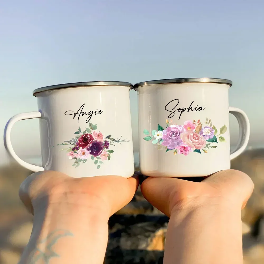 Personalised Name Enamel Mugs Custom Floral Name Coffee Mug Wine Juice Cup Bridal Shower Bachelorette Party Bridesmaid Gifts