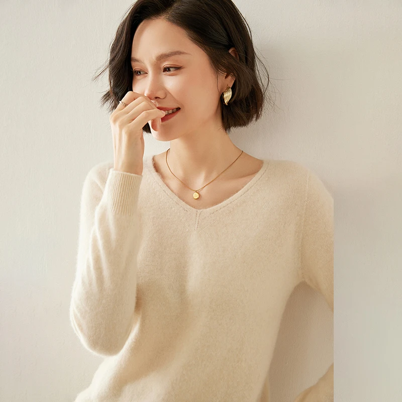 Women's Cashmere Sweater,  Cashmere Blend, V-neck, Knitted, Slim Fit, Warm, Basic Style, 2024 Autumn and Winter New Style