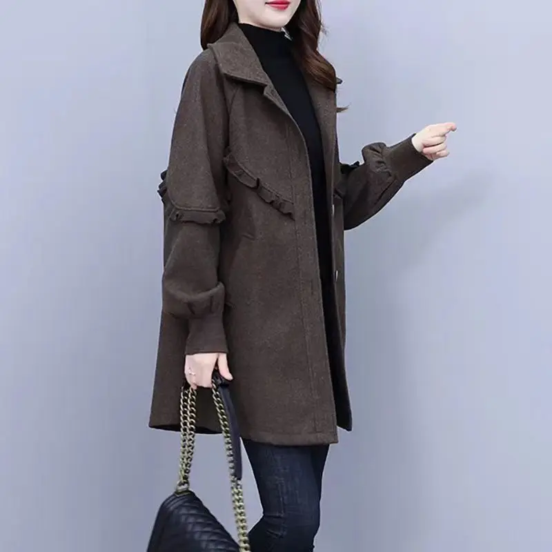 Autumn Winter New Tailored Collar Long Sleeve Woollen Overcoat Women High Street Button Patchwork Edible Tree Fungus Cardigan