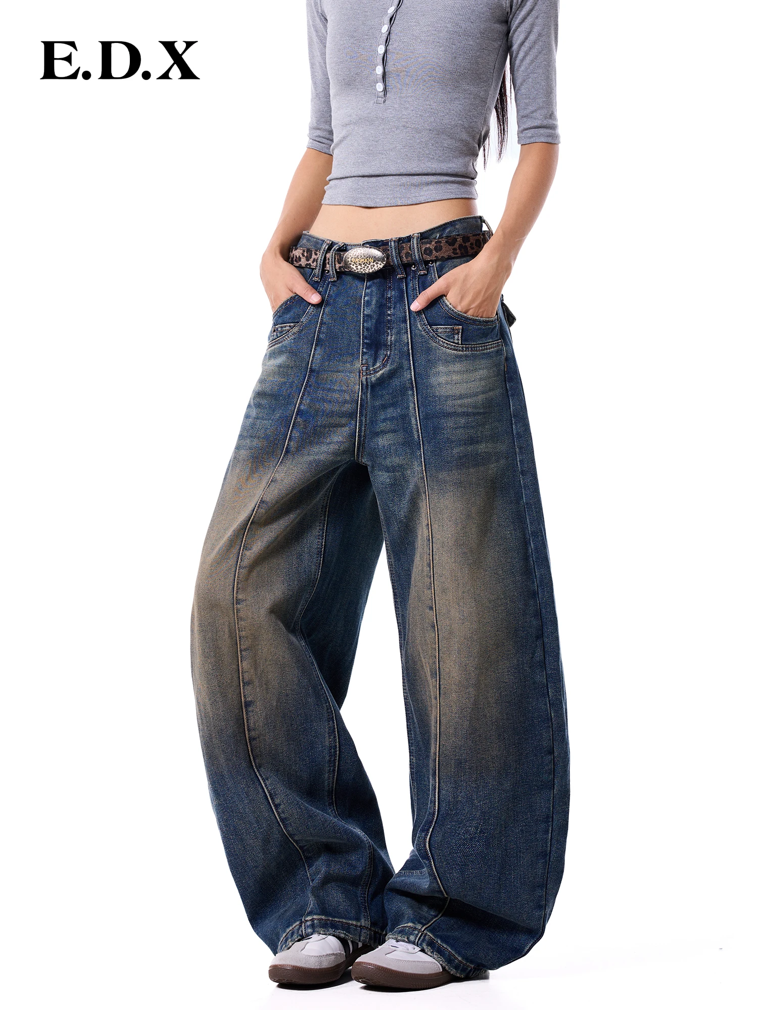 Fall Winter Wide Leg Denim Jeans Women's Multiple Pockets Workwear Floor-Length Pants Ladies' American Style Blade Split