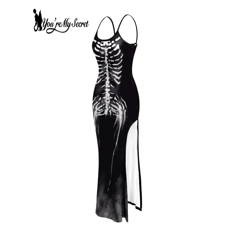 [Ты мой секрет] Готическое женское платье Hrajuku без рукавов с открытой спиной, черное облегающее платье со скелетом и принтом, вечерние #   1