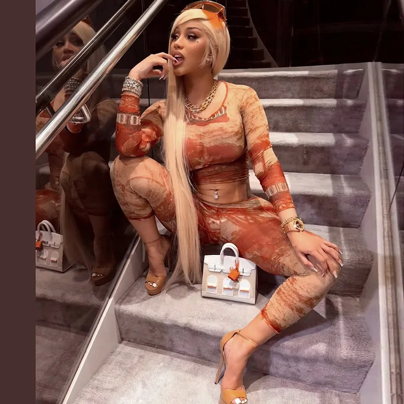 Gtpdpllt Модный сетчатый комплект из двух предметов с принтом, укороченный топ с длинными рукавами и леггинсы, сексуальные клубные наряды для женщин, одинаковые комплекты