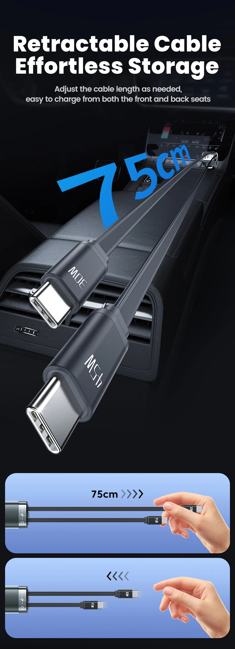Toocki 4 IN 1 einziehbares Autoladegerät 105 W Handy-Ladegerät Typ C-Kabel für iPhone 16 15 Schnellladekabel Zigarettenadapter – Detail 6