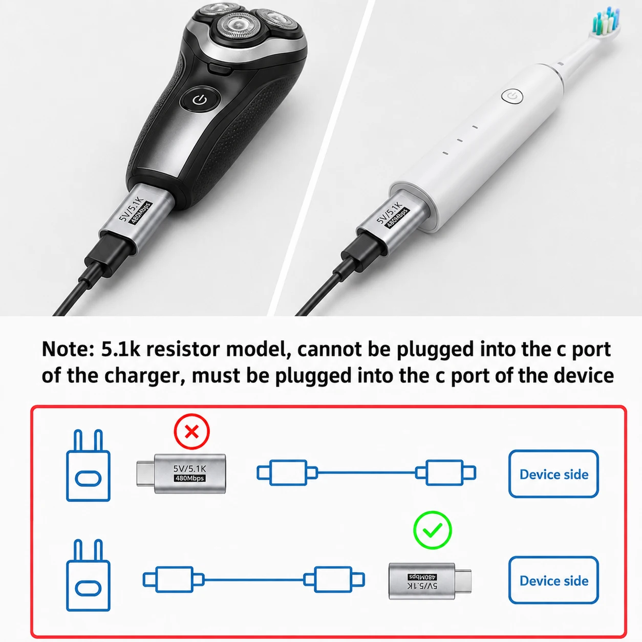 5.1K Resistor USB C Male to Female Adapter 5V Type C Charging Converter for Shaver Trimmer Headphone Fan Electric Screwdriver