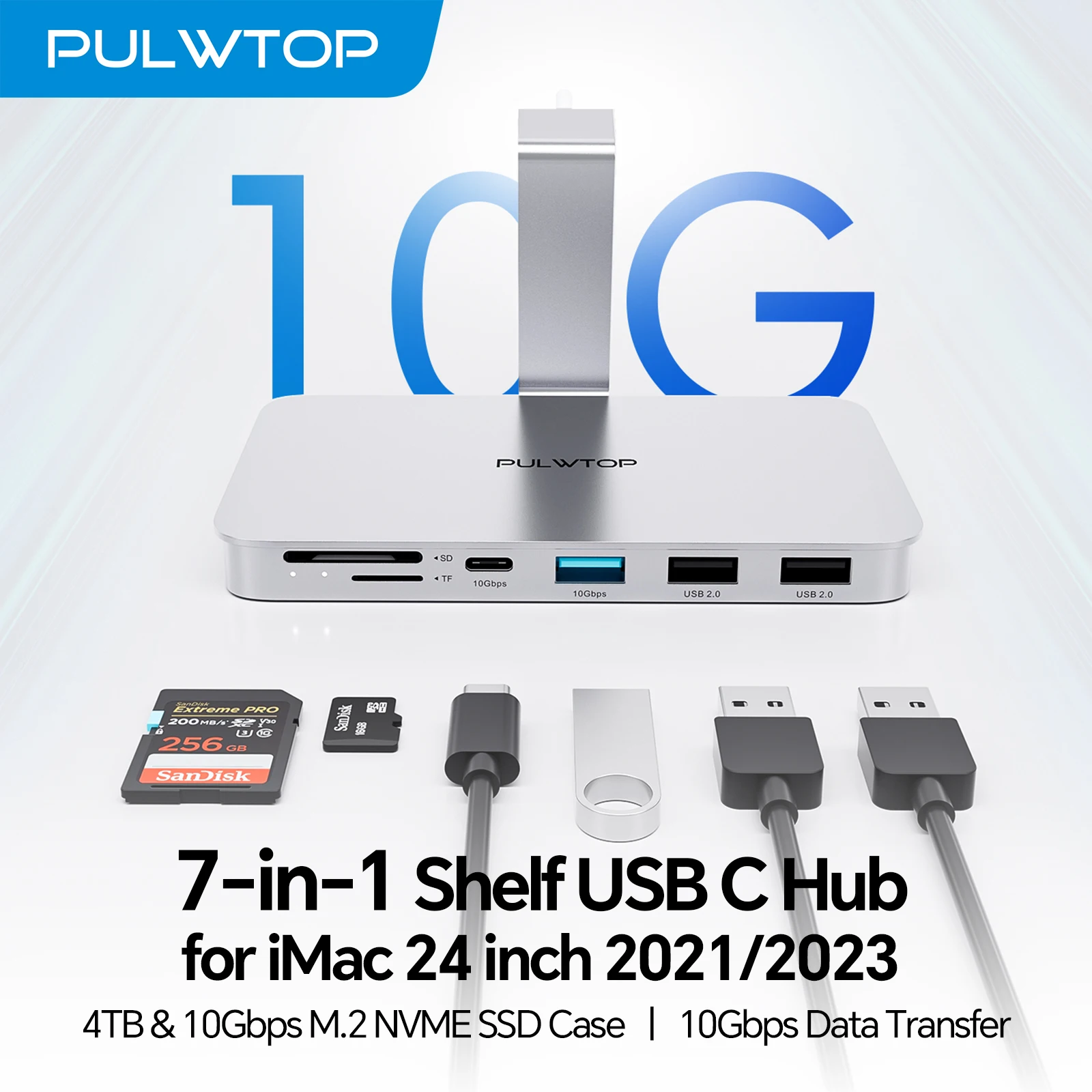 PULWTOP USB C Hub with M.2 NVMe SSD Slot 10Gbps USB A/C for iMac 24 M1/M3/M4 Or Studio Display 27 Inch Silver & Blue