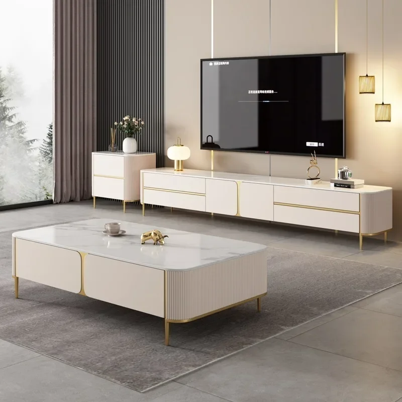 Light luxury TV cabinet, simple modern high-end paint floor cabinet, Nordic wind rock slab coffee table TV cabinet combination