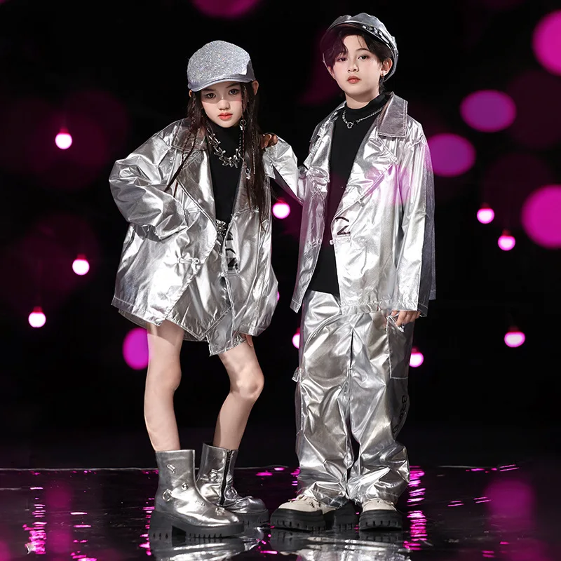 Children's Stage Costumes Boys' Hip-hop Performance Suits Girls' Shiny Dance Costumes Silver Long-sleeved Tops 6-15 years old