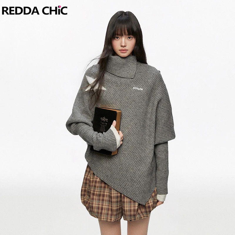 

REDDACHiC асимметричный свитер с запахом, винтажная серая водолазка с лацканами, джемпер со звездами и шалью, топ в стиле гранж, женский осенне-зимний трикотаж