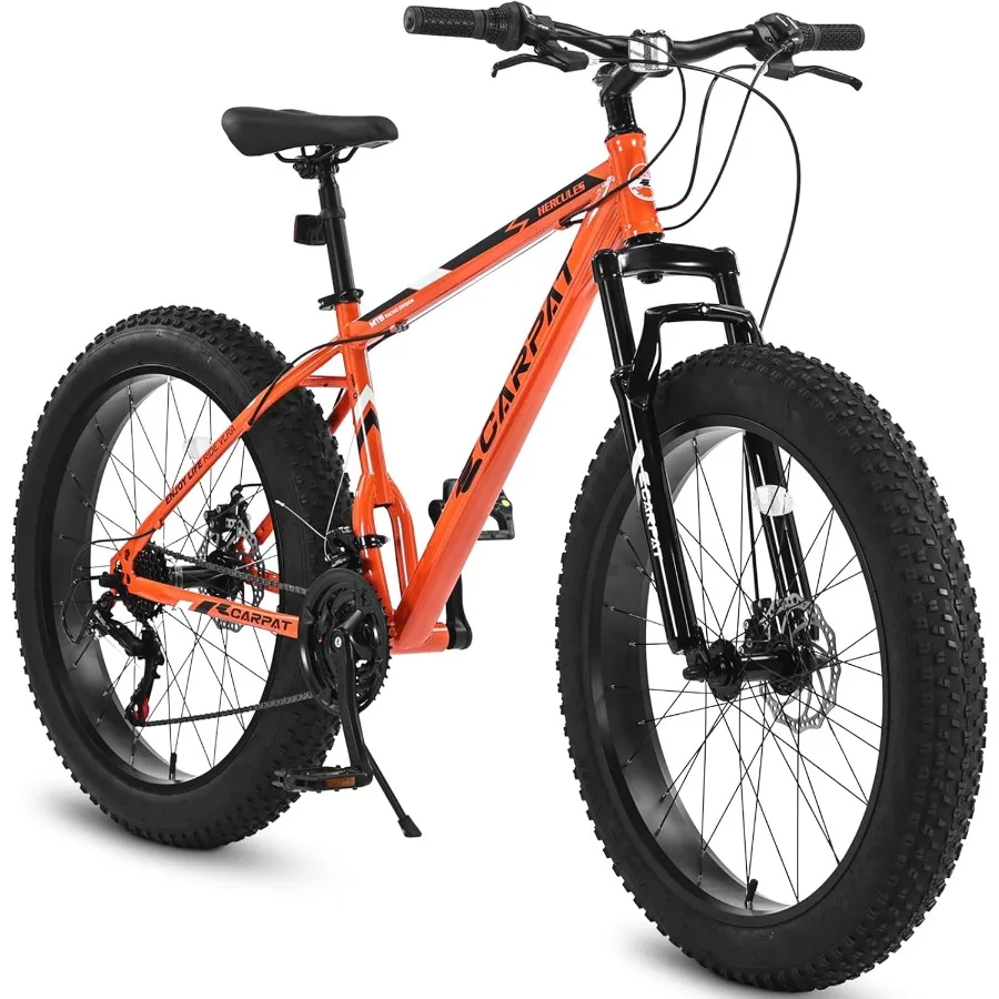 

S26109 26 Inch Fat Tire Bike Adult Youth Full 21 Speed Mountain Bike Dual Disc Brake HighCarbon Steel Frame Front Suspension Mo