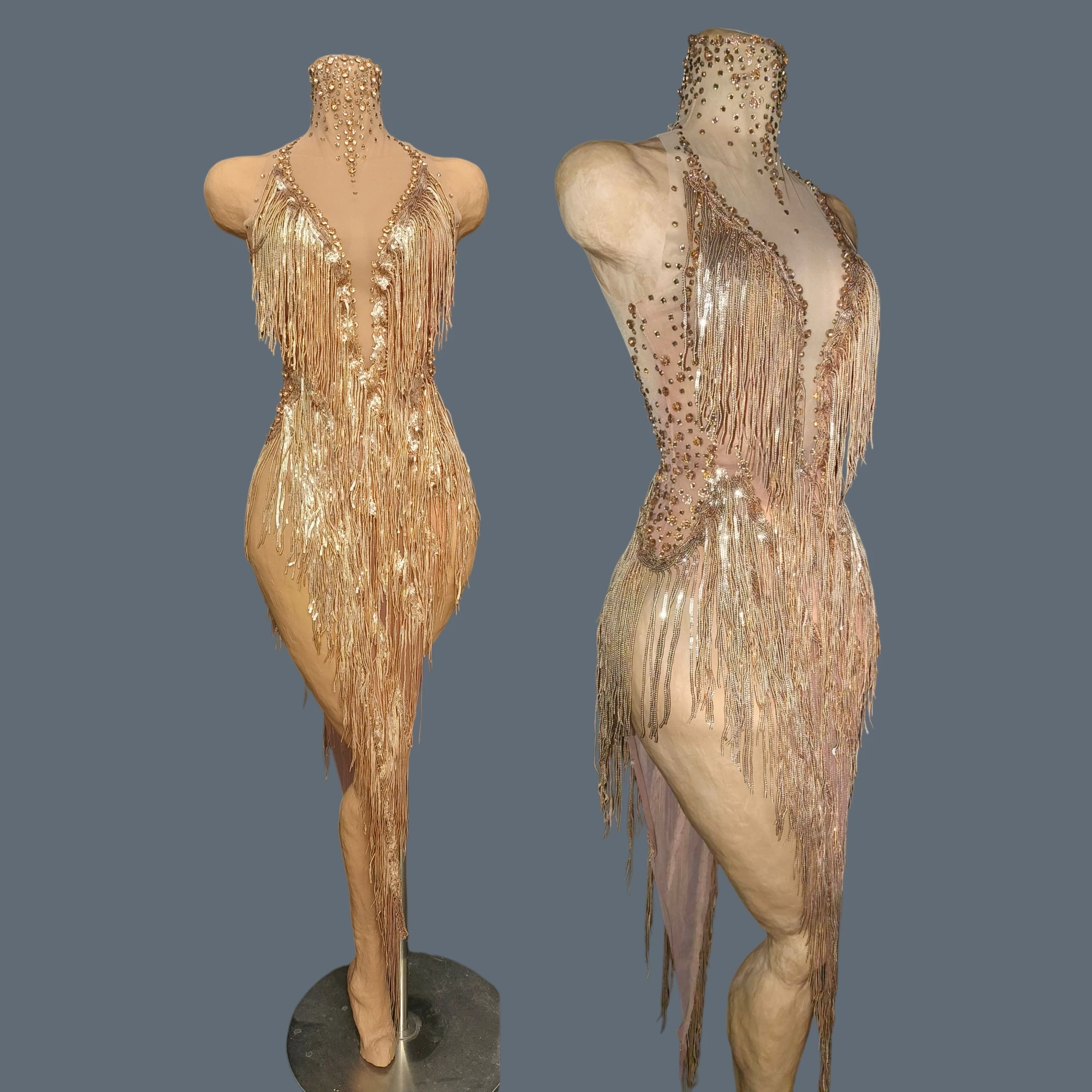 

Sexy See Through Mesh Latin Dance Mini Dress Women Sparkly Rhinestone Tassel Sequins Dresses gig Show Wear Party Outfit Tishen