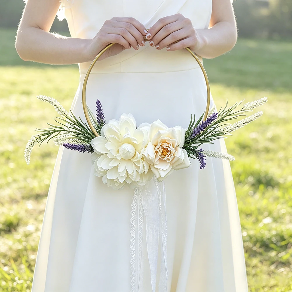 Hochzeits-Brautjungfern-Kranzstrauß, Künstlicher Blumenkranz mit Dahlie und Lavendel, Handgehaltene Blumendekoration für Zeremonie und Brautparty – Detail 1