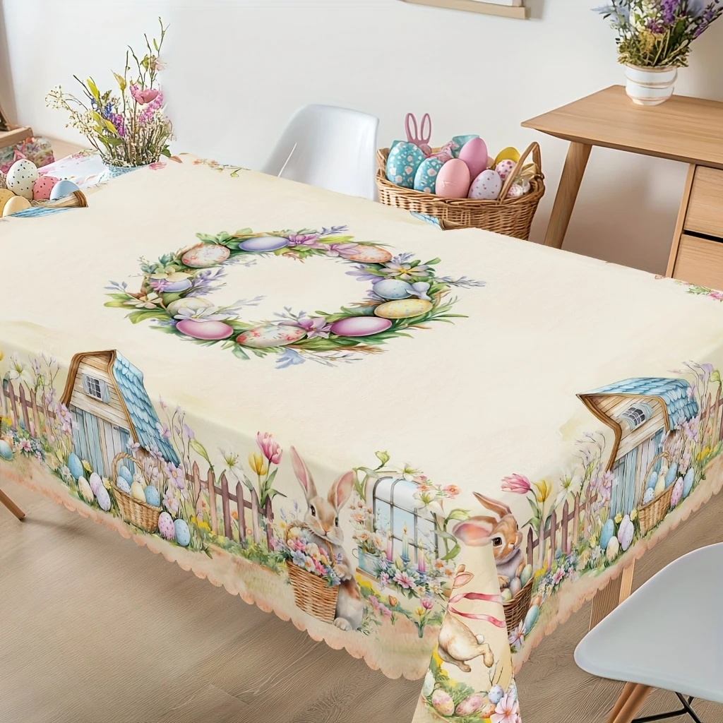 Easter Bunny Eggs Tulip Waterproof Tablecloth Easter Decorations Spring Farmhouse Flowers Plants Table Cloth Holiday Party Decor